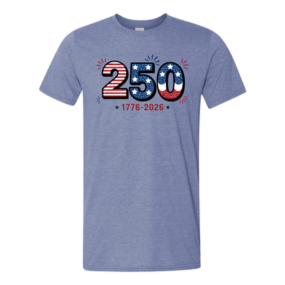 Blue t-shirt with '250 1776-2026' design on a white background