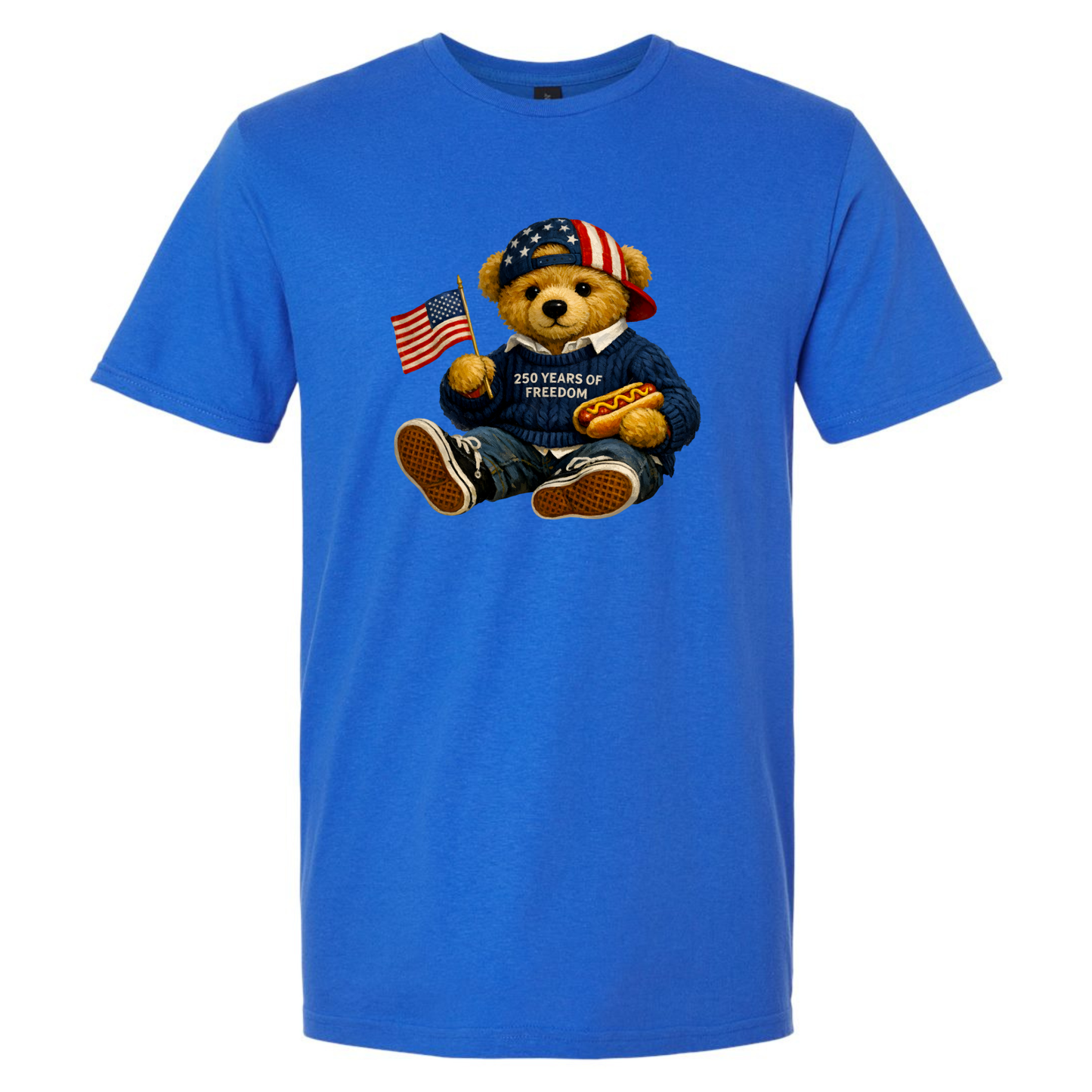 Blue t-shirt with a bear graphic holding an American flag and a hot dog on a white background