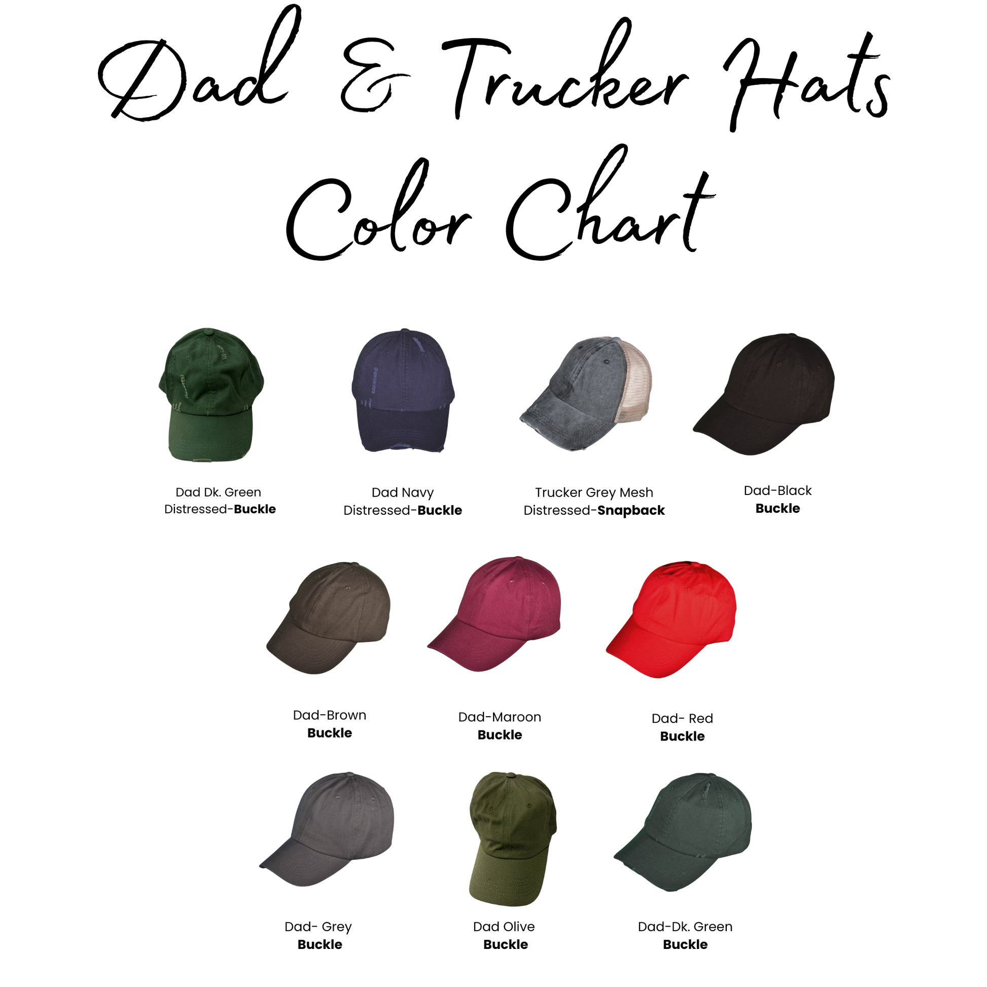 Color chart for Dad and Trucker hats with various color options.