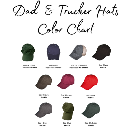 Color chart for Dad and Trucker hats with various color options.