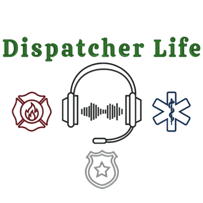Logo for 'Dispatcher Life' with symbols including a fire emblem, headphones, and a police badge on a white background.