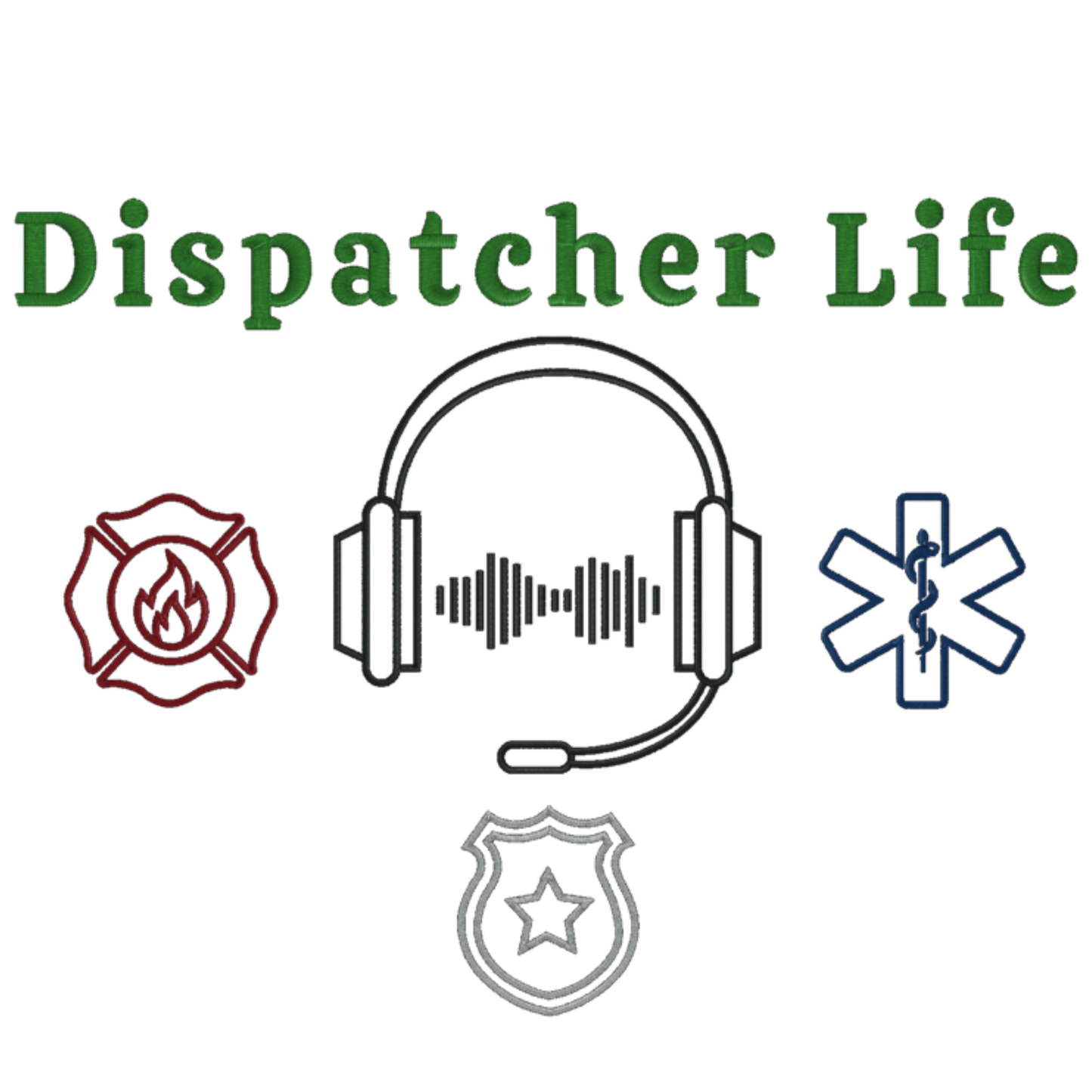 Logo for 'Dispatcher Life' with symbols including a fire emblem, headphones, and a police badge on a white background.