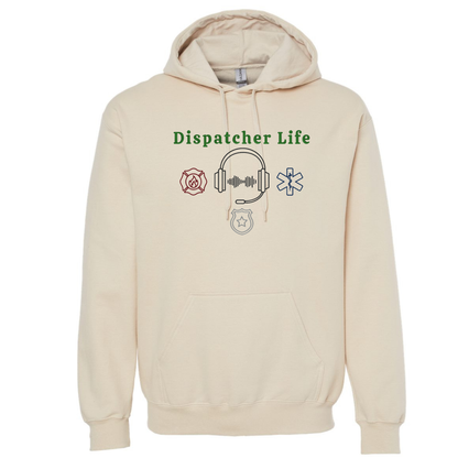 Beige hoodie with 'Dispatcher Life' text and graphics on a white background