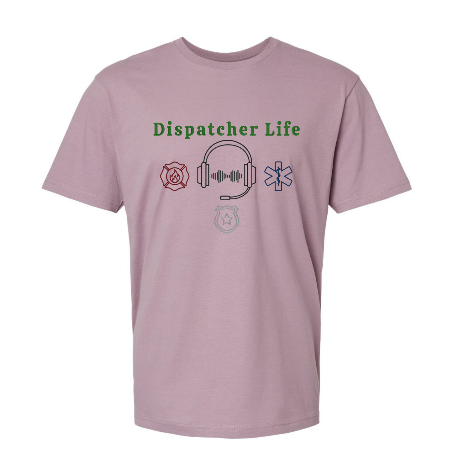 Pink t-shirt with 'Dispatcher Life' text and symbols on a white background