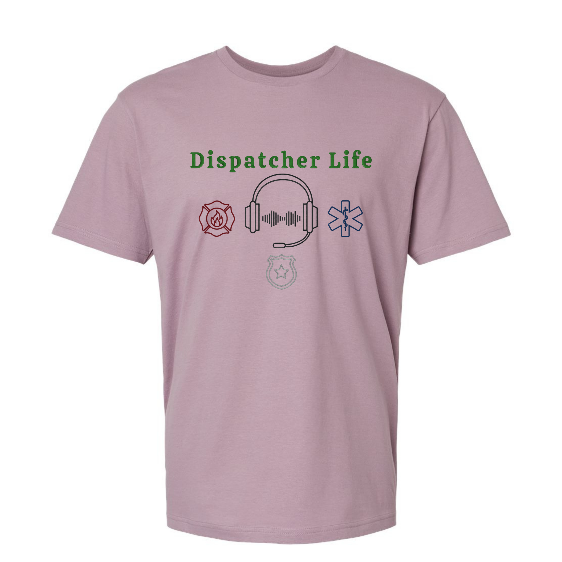 Pink t-shirt with 'Dispatcher Life' text and symbols on a white background