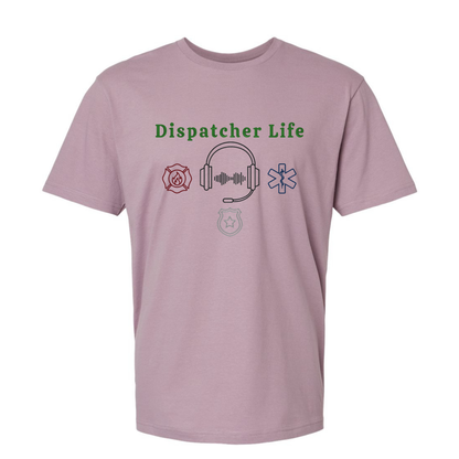 Pink t-shirt with 'Dispatcher Life' text and symbols on a white background