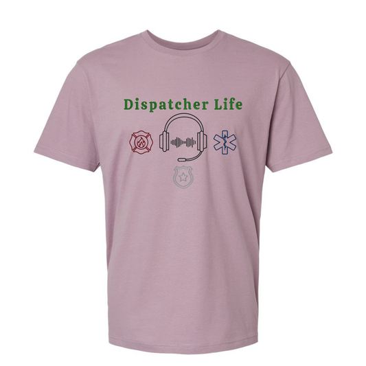 Pink t-shirt with 'Dispatcher Life' text and symbols on a white background
