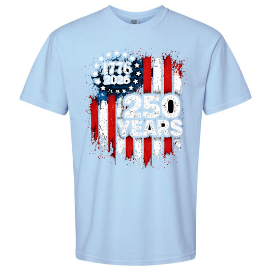 Light blue t-shirt with American flag design and '250 Years' text on a white background
