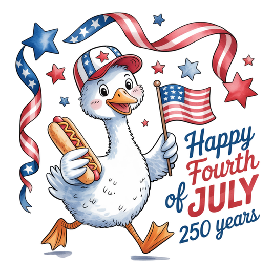 Cartoon duck holding a hot dog and American flag with 'Happy Fourth of July 250 years' text on a white background.