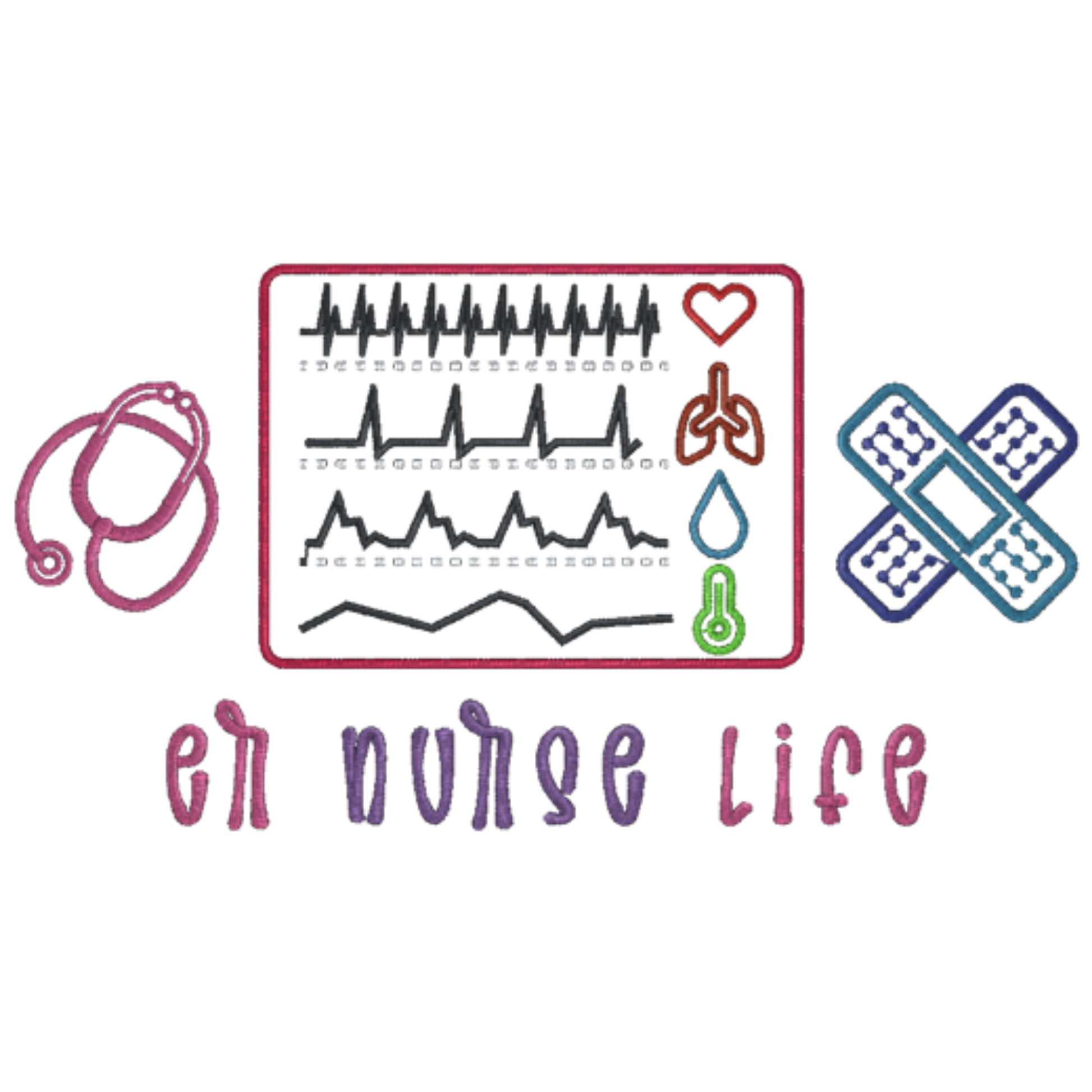 Illustrations of medical symbols and 'en nurse life' text on a white background