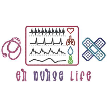 Illustrations of medical symbols and 'en nurse life' text on a white background