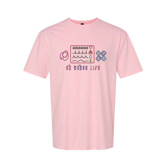 Pink t-shirt with graphic design and text on a white background