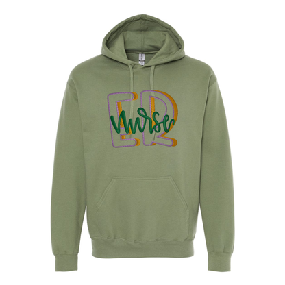 Green hoodie with 'ED Nurse' text on a white background