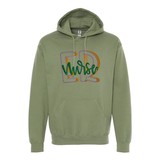 Green hoodie with 'ED Nurse' text on a white background
