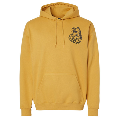Yellow hoodie with an eagle logo on a white background