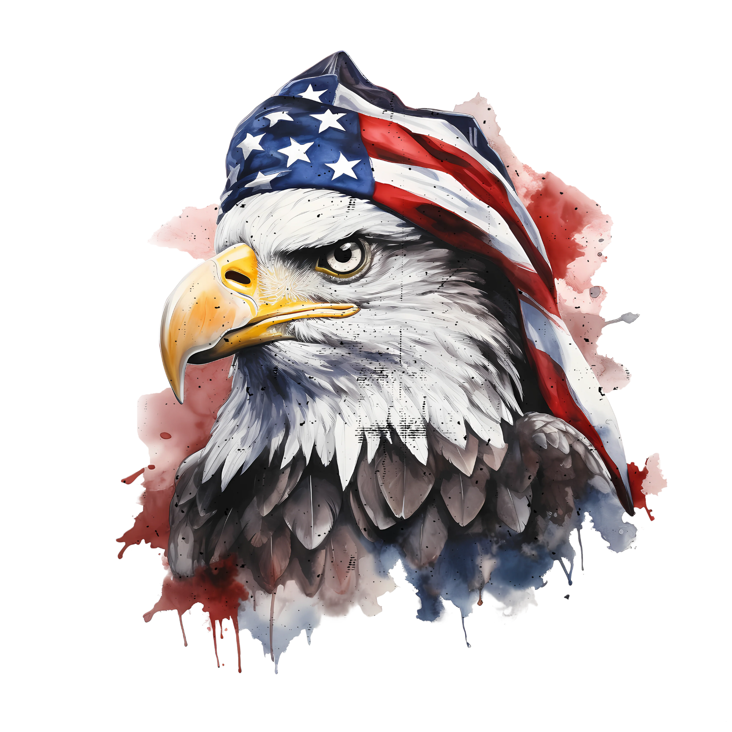 Eagle wearing an American flag headband on a white background