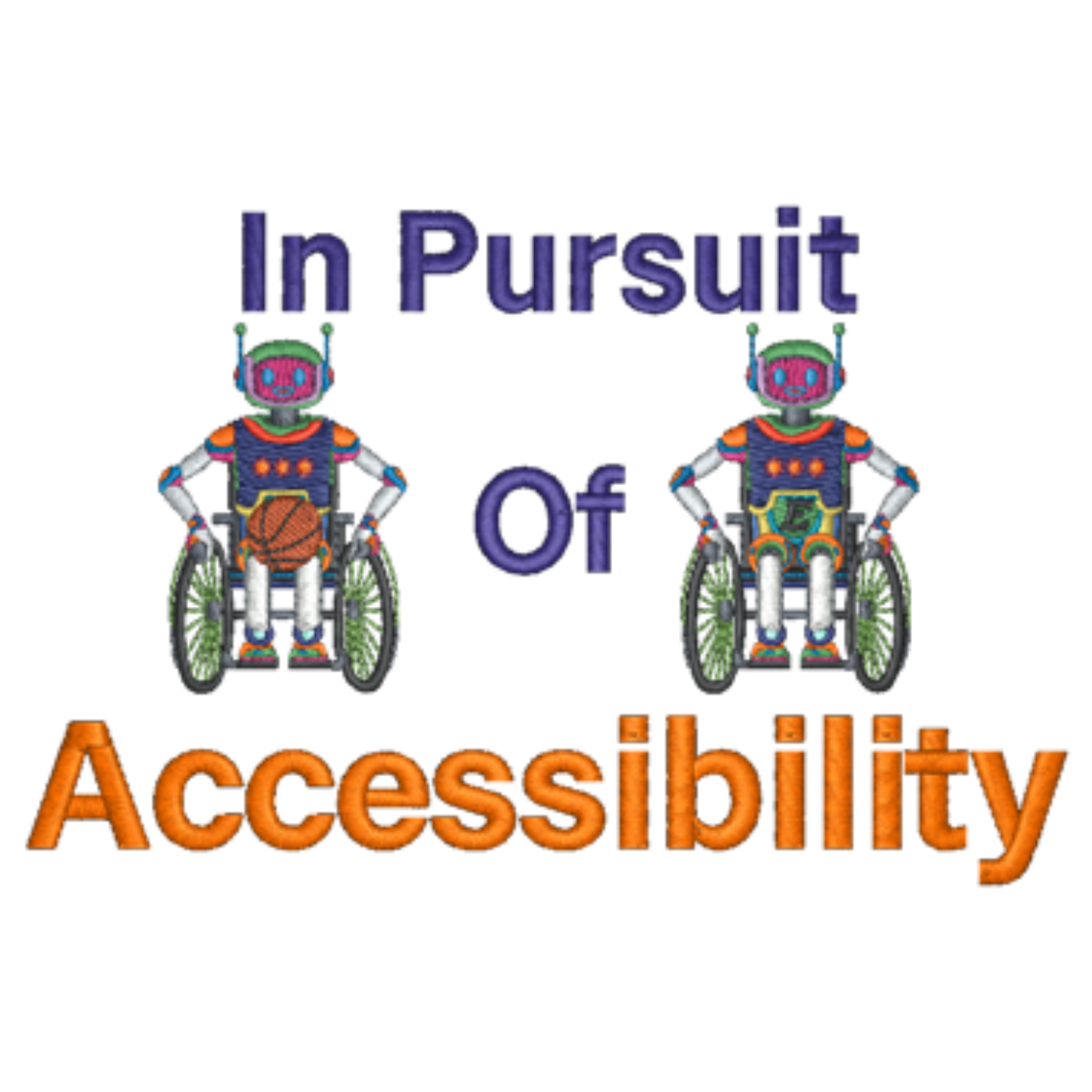 Logo with robots in wheelchairs and text 'In Pursuit Of Accessibility' on a white background