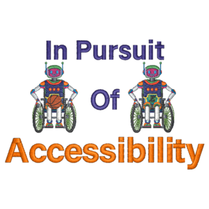 Logo with robots in wheelchairs and text 'In Pursuit Of Accessibility' on a white background
