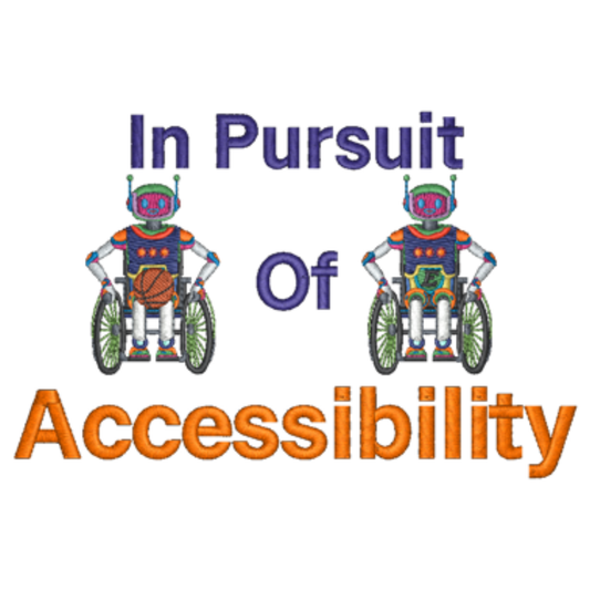 Logo with robots in wheelchairs and text 'In Pursuit Of Accessibility' on a white background