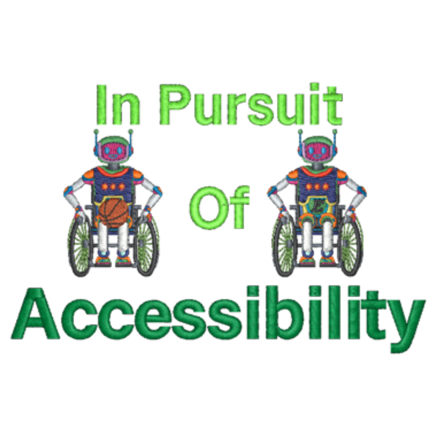 Two robots in wheelchairs with text 'In Pursuit Of Accessibility' on a white background