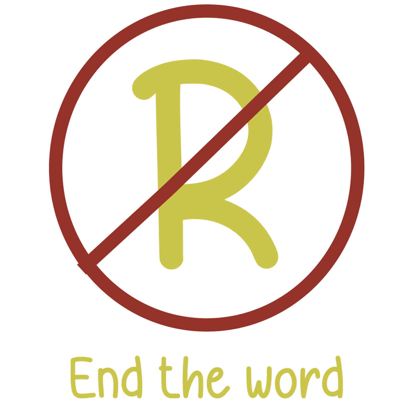 Logo with a yellow 'R' inside a red circle with a line through it, and 'End the Word' text below on a white background.