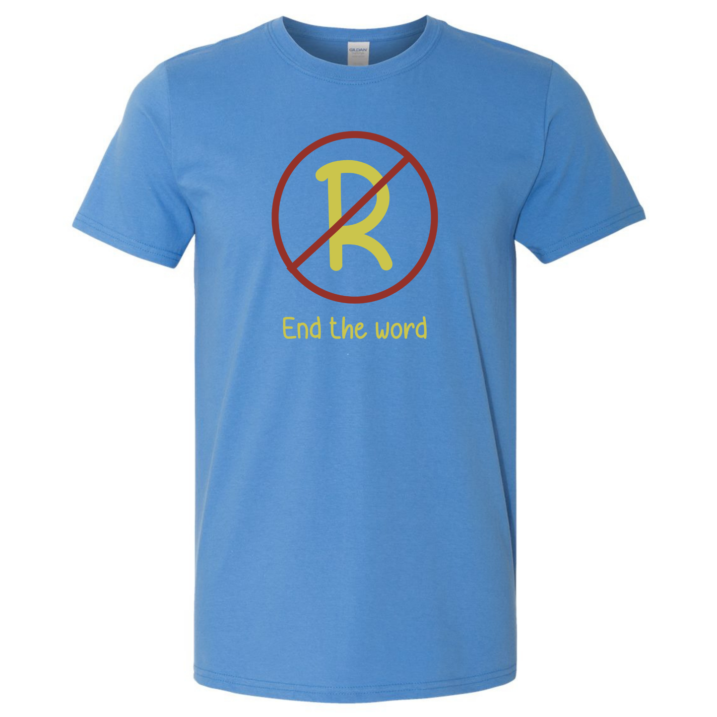 Blue t-shirt with a red circle and line through the letter 'R', yellow text 'End the word' on a white background