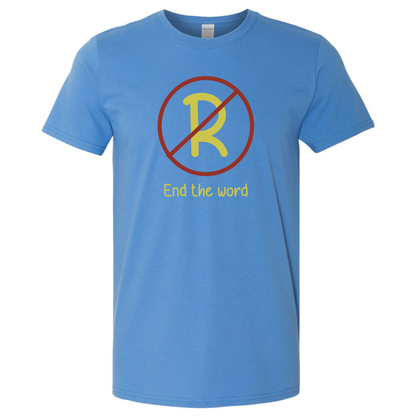 Blue t-shirt with a red circle and line through the letter 'R', yellow text 'End the word' on a white background