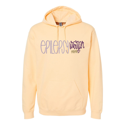 Yellow hoodie with 'Epilepsy Matters' text on a white background