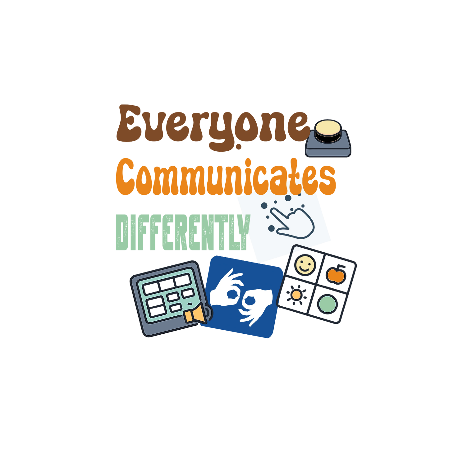 Illustration with text 'Everyone Communicates Differently' and various communication aids on a white background.