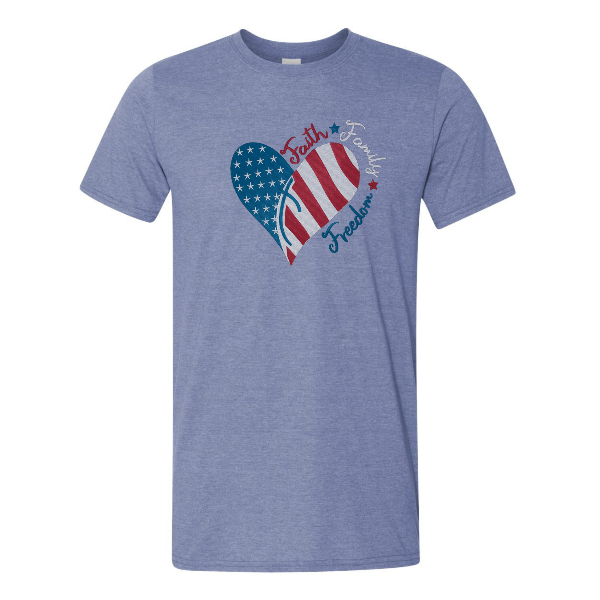 Blue t-shirt with an American flag heart design on a white background