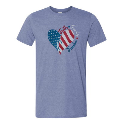 Blue t-shirt with an American flag heart design on a white background