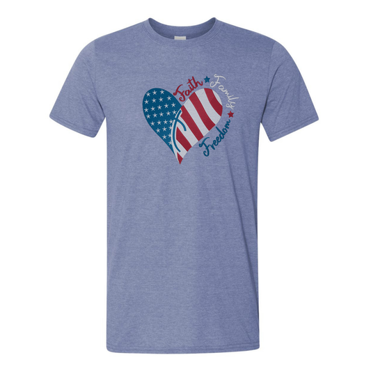 Blue comfort colors t-shirt with an embroidered flipflop split in 2 forming the shape of a heart with the american flag inside it. The words faith family and freedom emberoidered in red white and blue around the left side of the heart. Each word is separated by a red and blue star. 