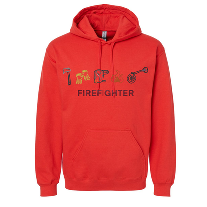 Red hoodie with firefighter-themed graphics and text on a white background