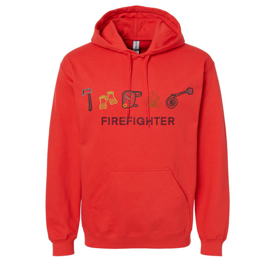 Red hoodie with firefighter-themed graphics and text on a white background