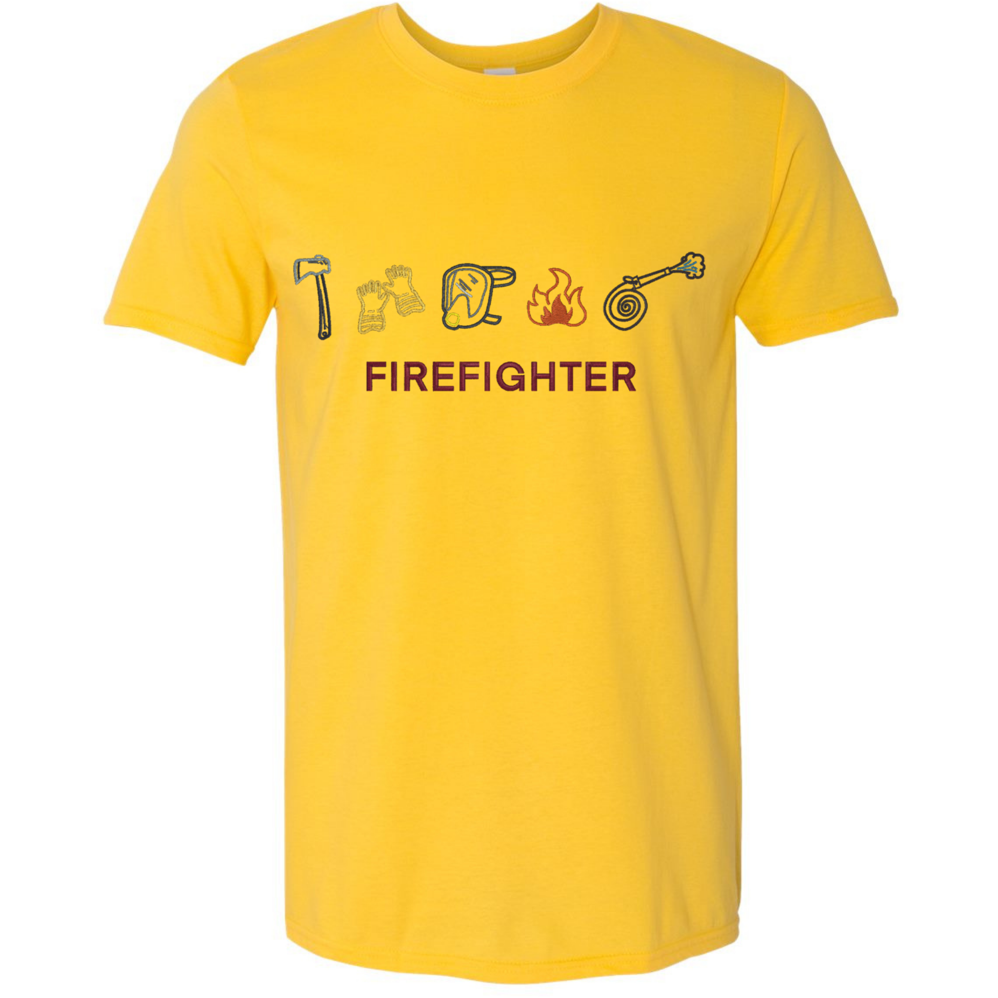 Yellow t-shirt with firefighter-themed graphics and text on a white background