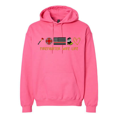 Pink hoodie with firefighter-themed graphics and text on a white background