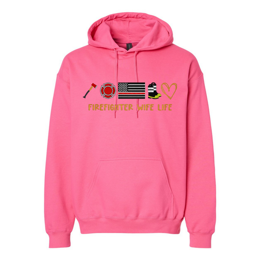 Pink hoodie with firefighter-themed graphics and text on a white background