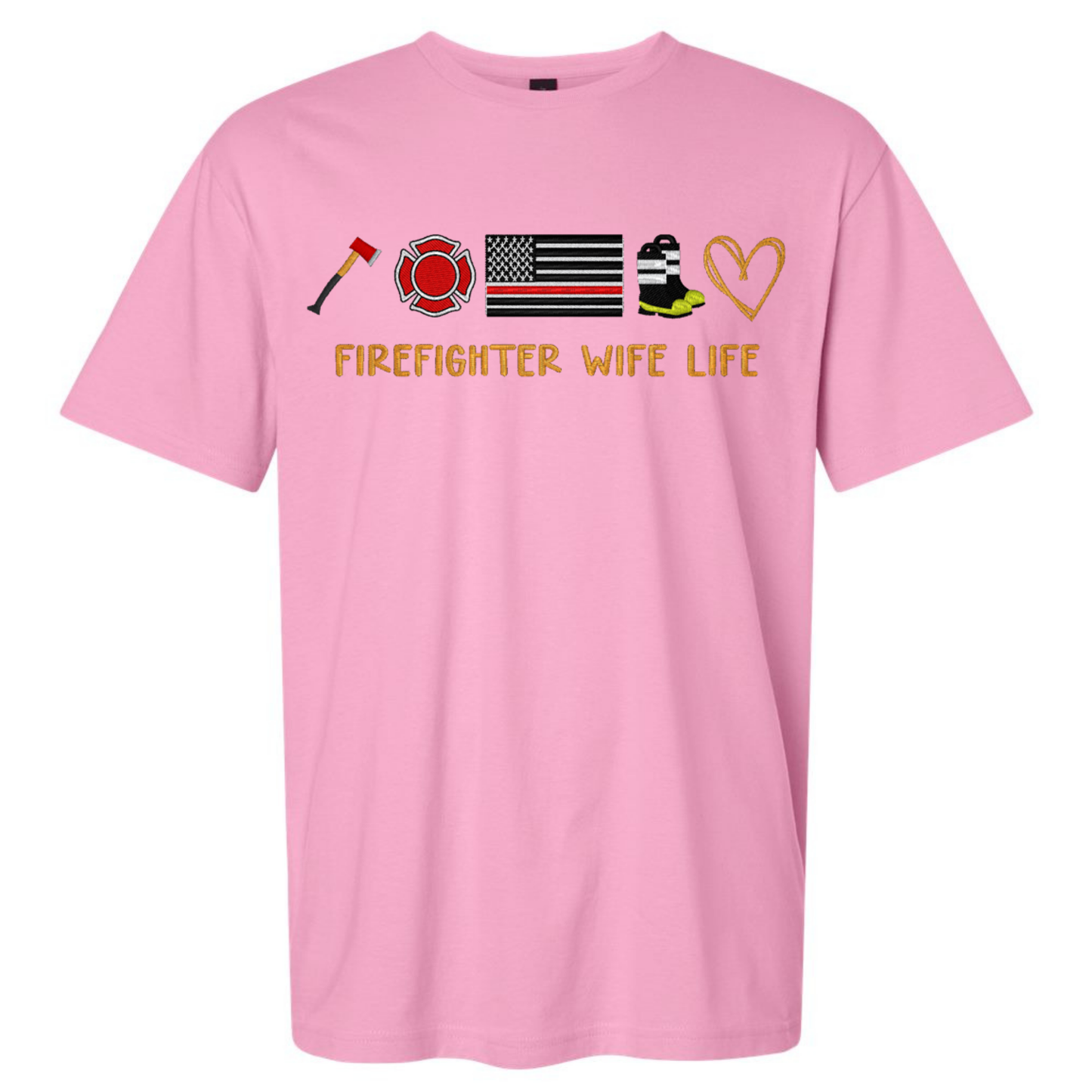 Pink t-shirt with firefighter-themed graphics and text on a white background