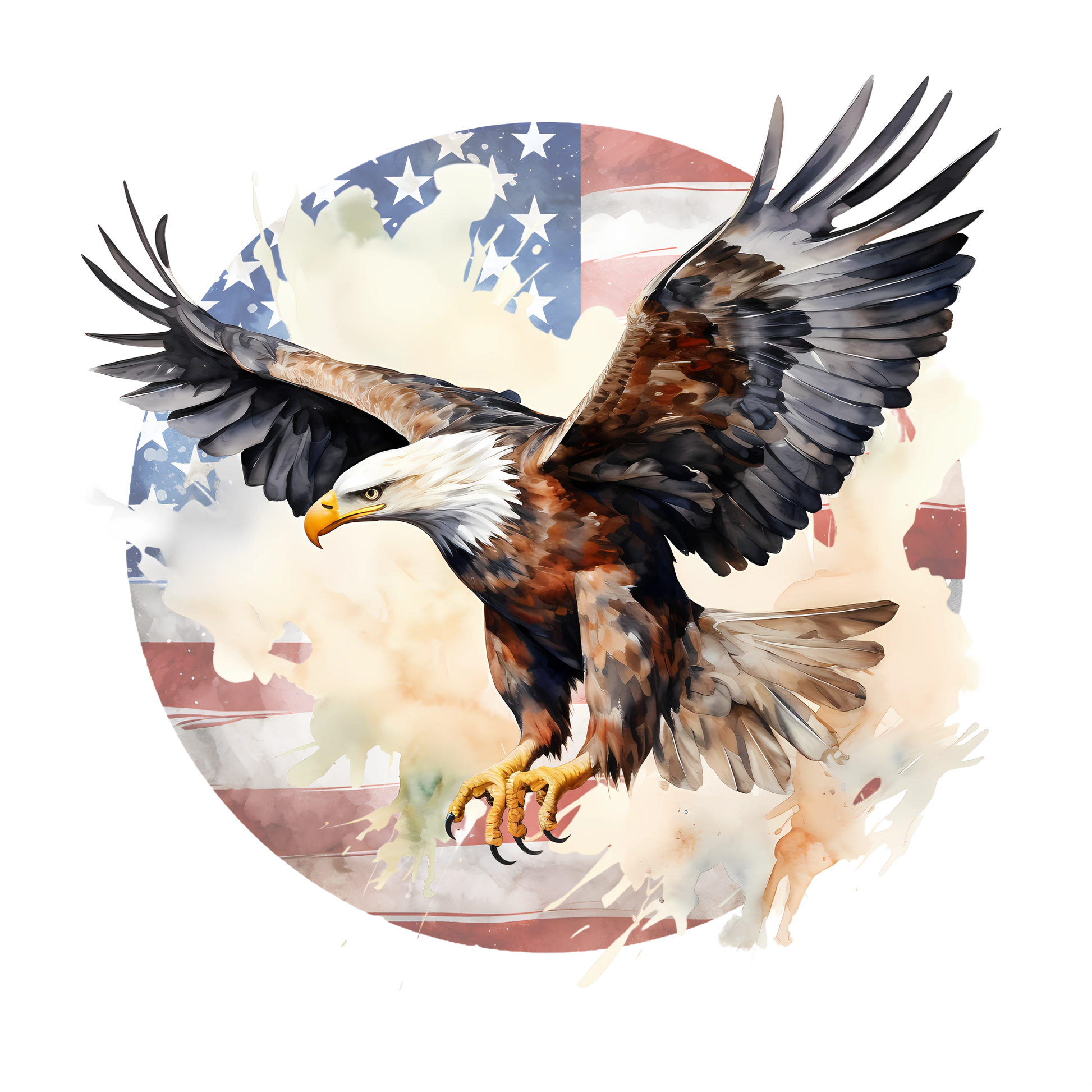 An Eagle flying inside a circular image of the american flag