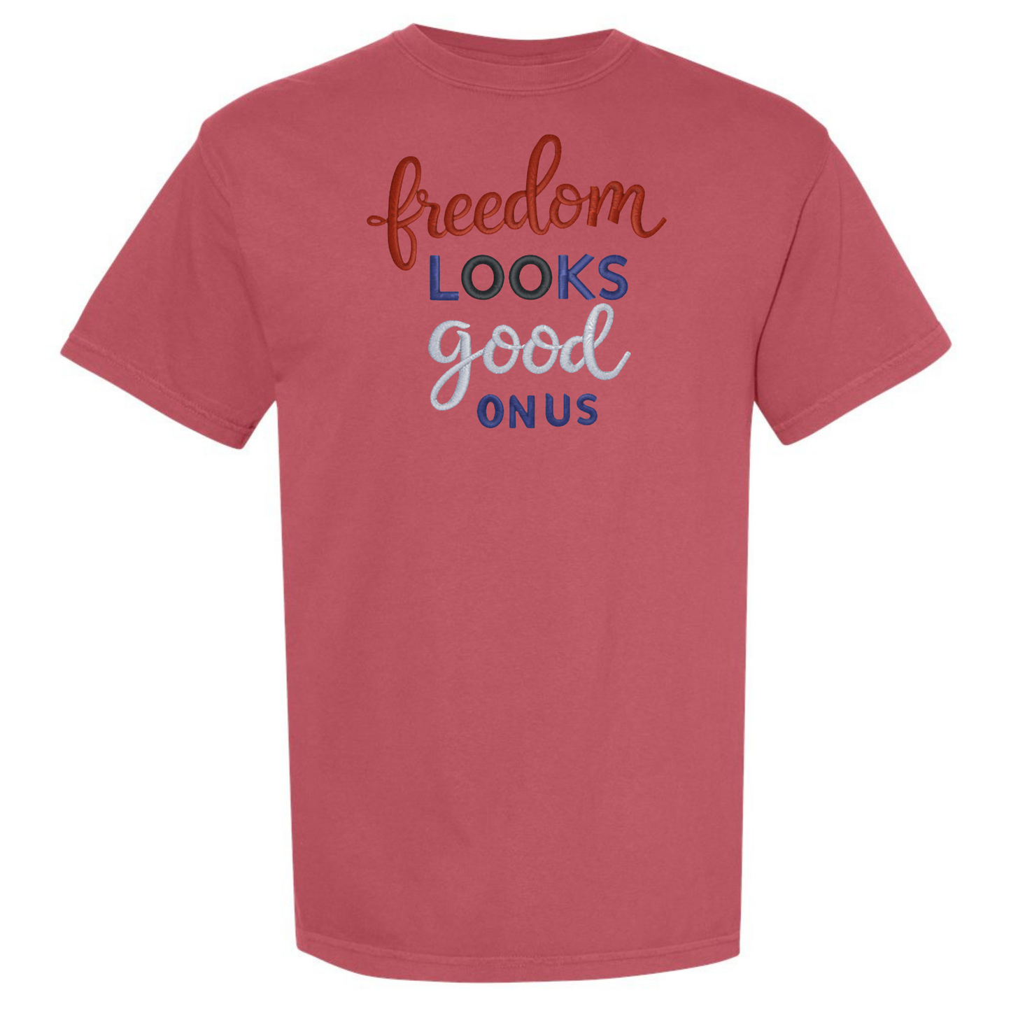 Red t-shirt with colorful text on a white background