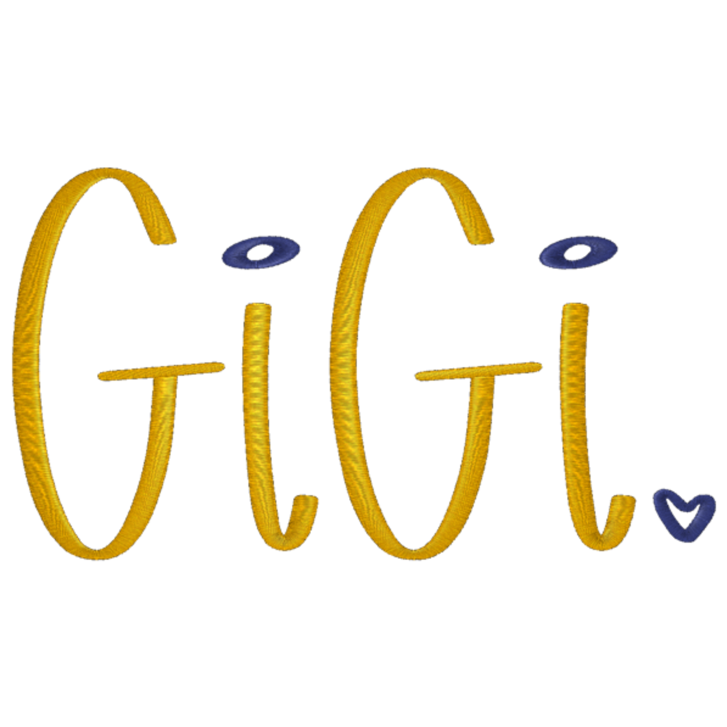 Embroidery design of the word 'GIGI' with a heart symbol on a white background