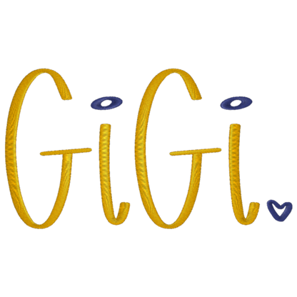 Embroidery design of the word 'GIGI' with a heart symbol on a white background