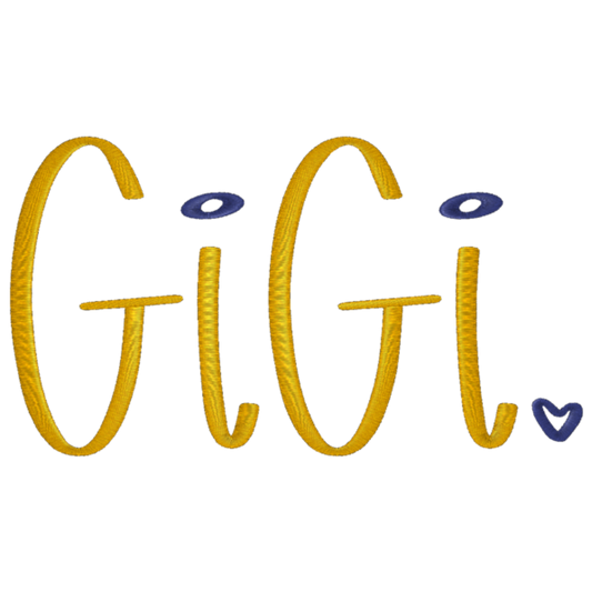 Embroidery design of the word 'GIGI' with a heart symbol on a white background