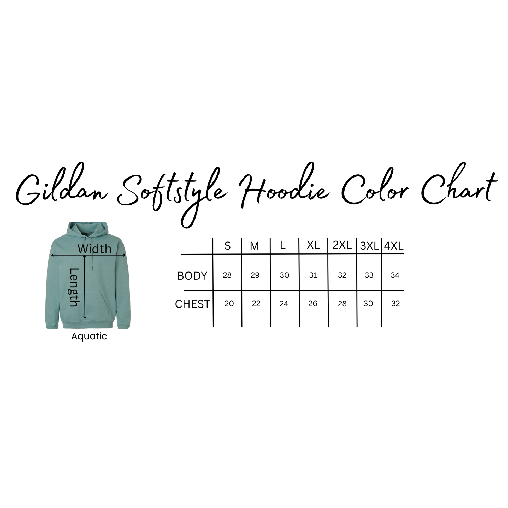 Gildan Softstyle Hoodie Color Chart with a green hoodie and size measurements.
