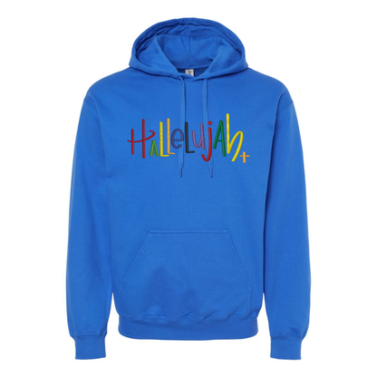 Blue hoodie with 'Hallelujah' text in multicolor on a white background