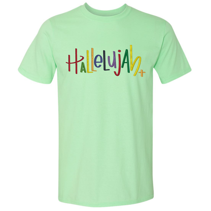 Light green t-shirt with 'Hallelujah' in colorful letters on a white background