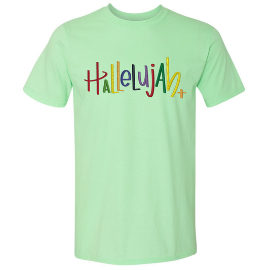 Light green t-shirt with 'Hallelujah' in colorful letters on a white background