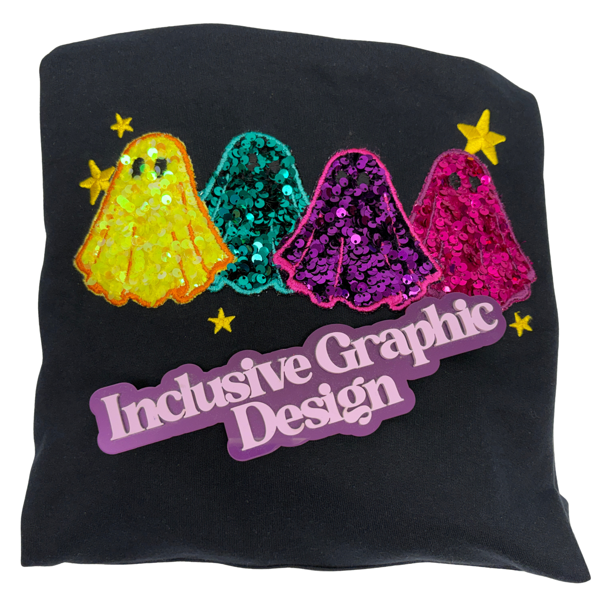 A black sweatshirt with four embroidered ghosts in sequin applique of yellow, teal, purple, and pink. A Brand marker reading 'Inclusive Graphic Design' in purple lettering sits below the emmbroidered ghosts.