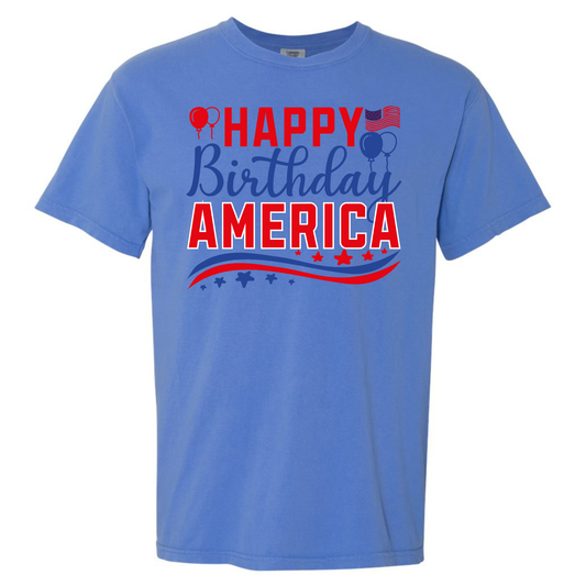 Blue t-shirt with 'Happy Birthday America' text design on a white background