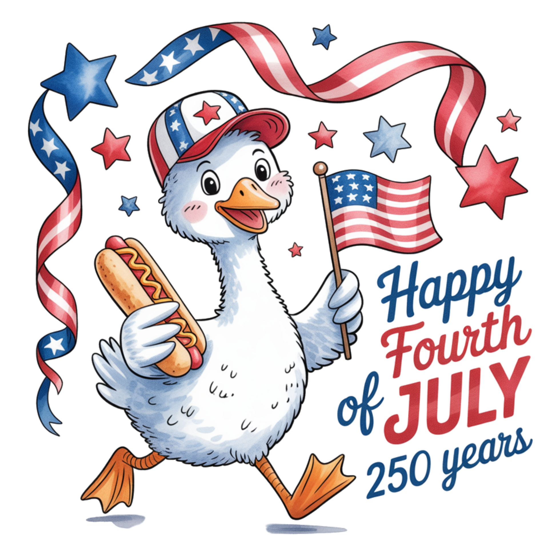 Cartoon duck holding an American flag and a hot dog, with 'Happy Fourth of July 250 years' text on a white background.